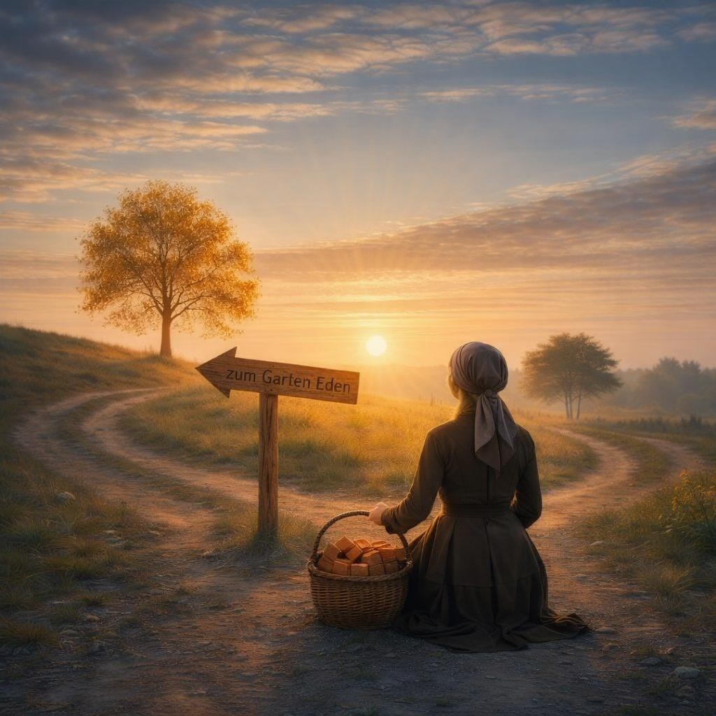 Person standing at a fork in a dirt road facing a sunrise over fields and trees.