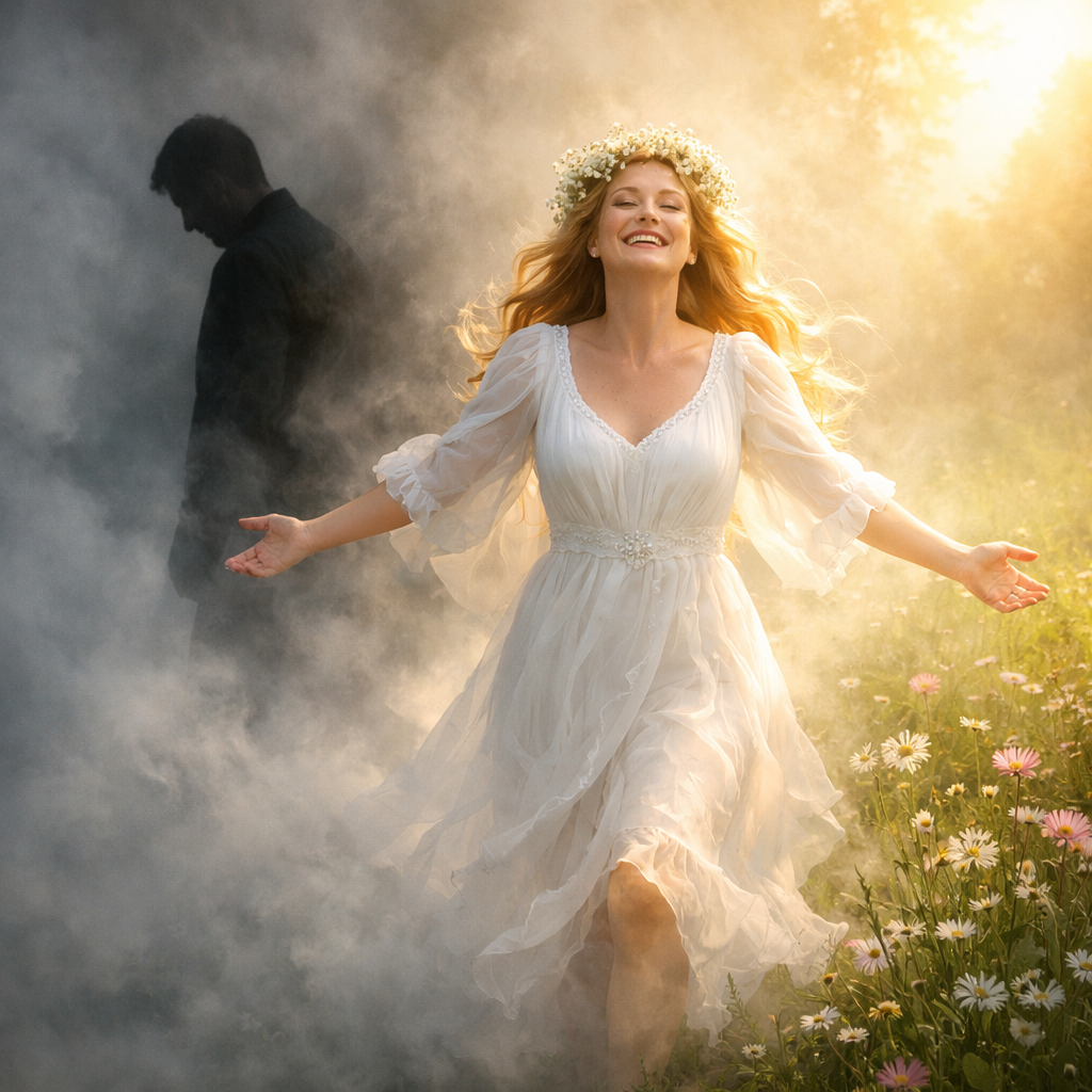Bride in white dress with floral crown walking through misty flower meadow smiling