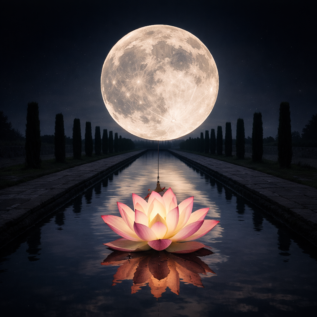 Real lotus photo, replace temple with large moon